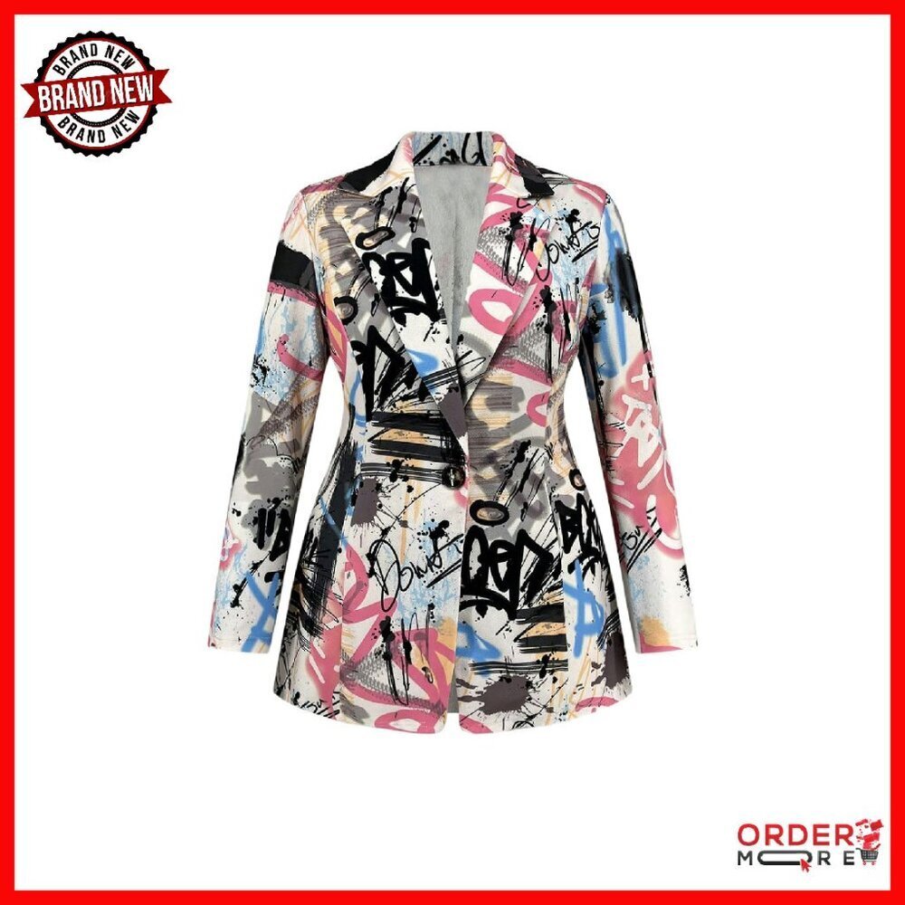 Plus Size Lapel Collar Open Front Graphic Print Button Blazer Jacket
